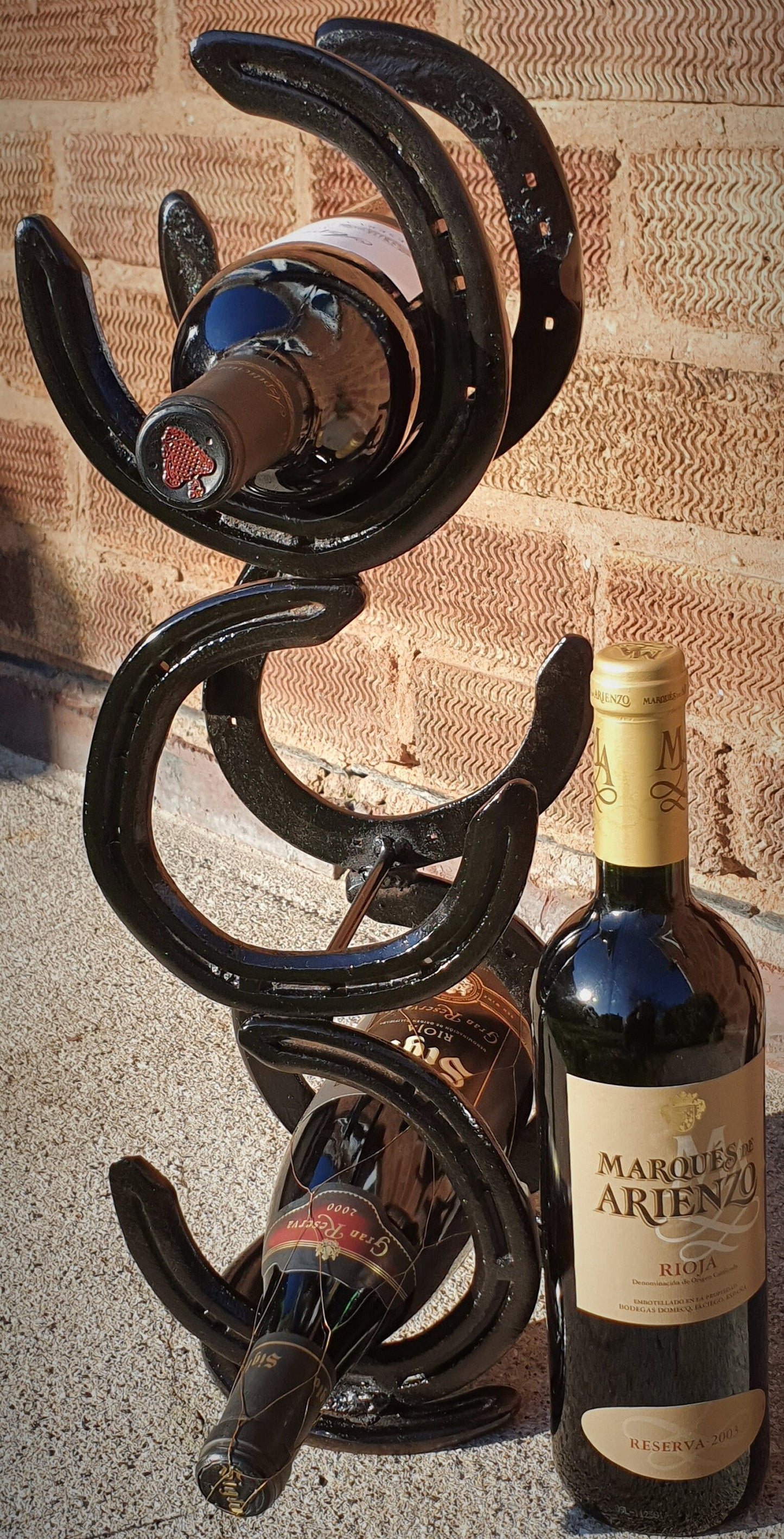 Original Hand Built Horseshoe 3 bottle wine rack, Equestrian Home Decoration.
