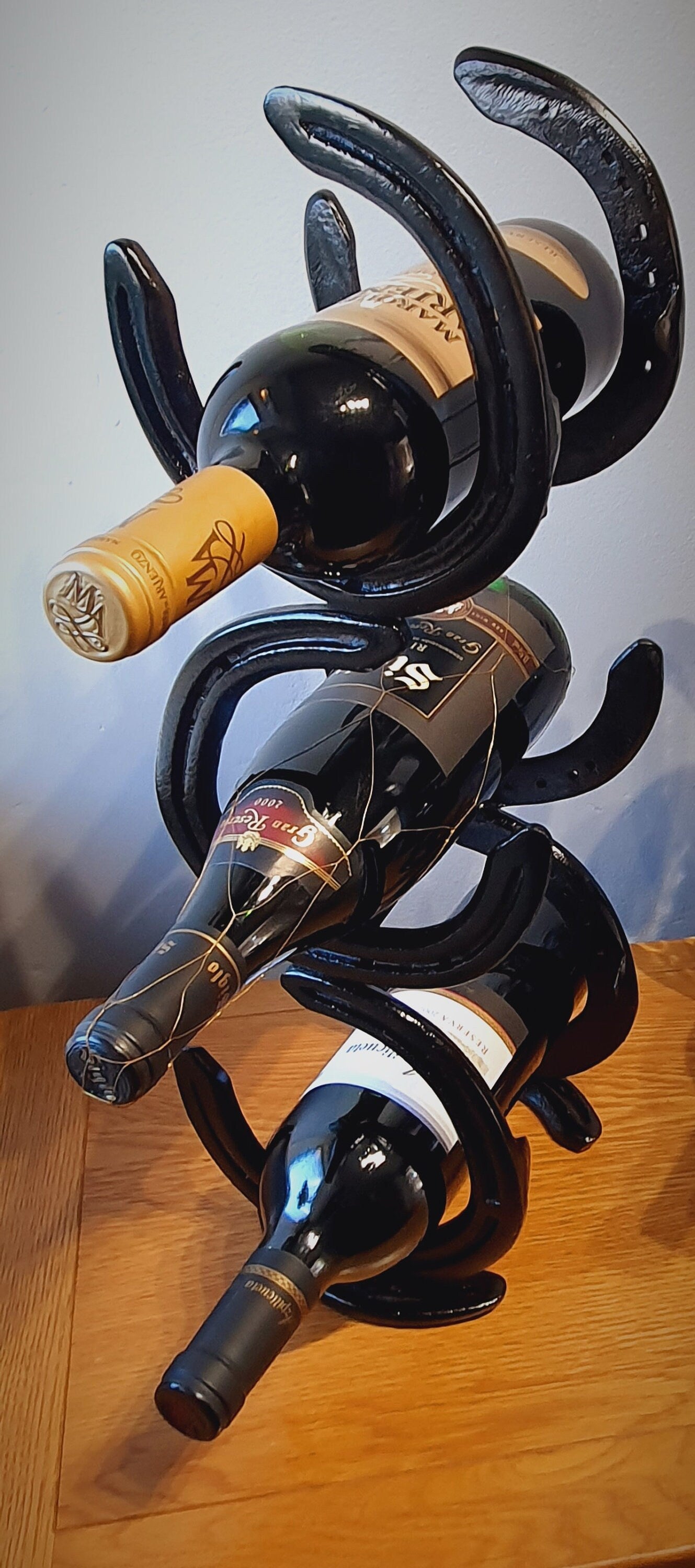 Original Hand Built Horseshoe 3 bottle wine rack, Equestrian Home Decoration.