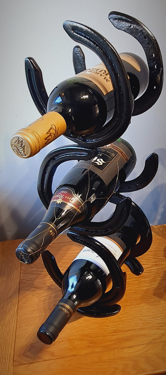 Original Hand Built Horseshoe 3 bottle wine rack, Equestrian Home Decoration.
